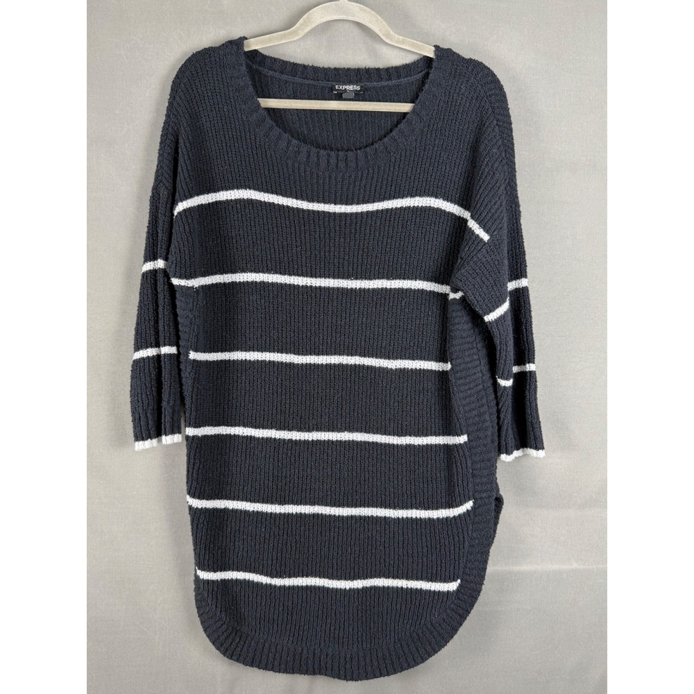 Express Striped Pullover Sweater Womens Medium Navy Blue White High-Low Hem